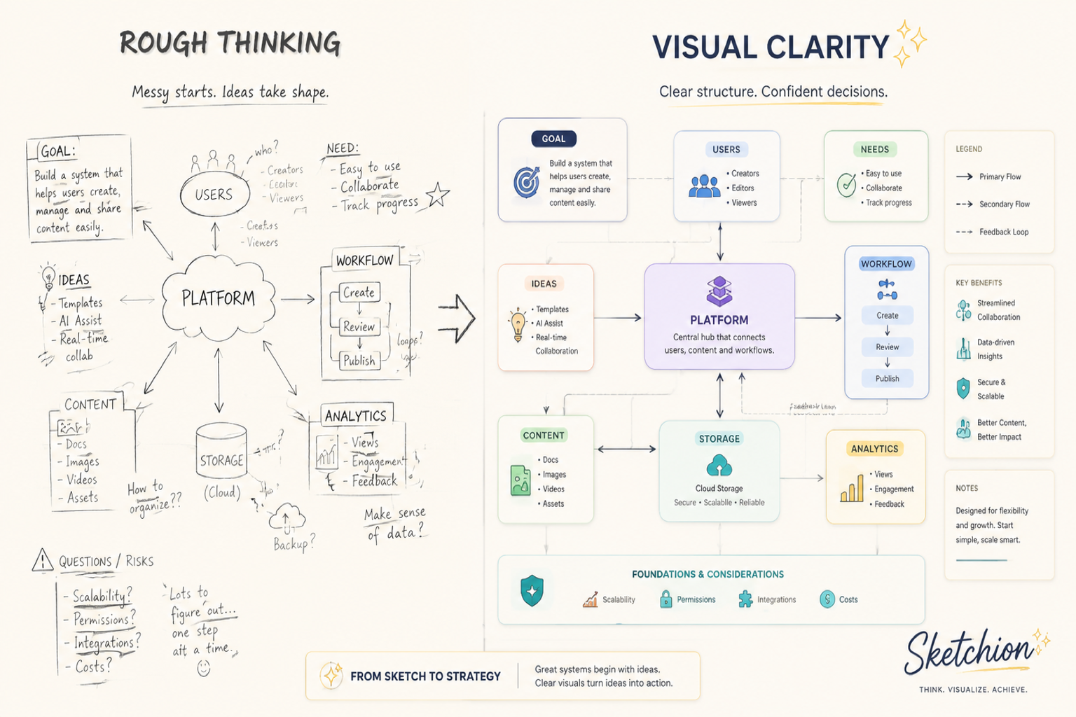 Sketchion before and after artifact showing rough notes becoming a structured explainer.